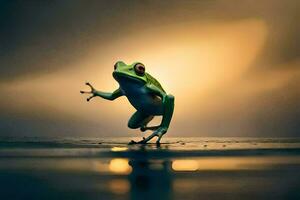 un rana saltando en el agua con un puesta de sol en el antecedentes. generado por ai foto