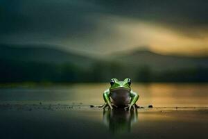 a frog sitting on the edge of a lake at sunset. AI-Generated photo