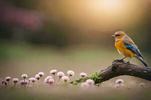 un pájaro se sienta en un rama en un campo. generado por ai foto