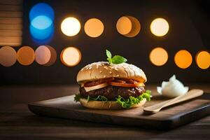 a hamburger on a wooden cutting board with lights in the background. AI-Generated photo