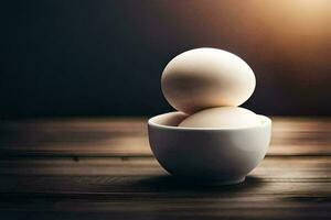 two eggs in a bowl on a wooden table. AI-Generated photo