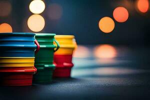 colorful plastic cups on a table with bokeh lights. AI-Generated photo