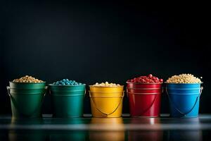 a row of colorful buckets with different types of cereal. AI-Generated photo