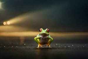 a frog sitting on the ground in front of a spotlight. AI-Generated photo