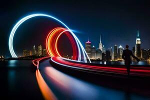 a man walking in front of a city skyline at night. AI-Generated photo