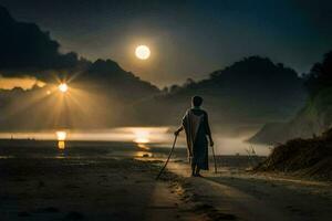 un hombre caminando en el playa con un caña a noche. generado por ai foto