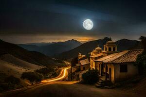 foto fondo de pantalla el cielo, camino, montañas, el luna, camino, el camino, el la carretera. generado por ai