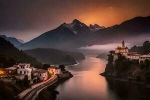 photo wallpaper the sky, mountains, river, house, sunset, the city, the mountains,. AI-Generated