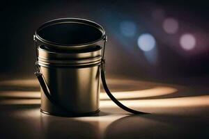 a black metal bucket with a handle on a dark background. AI-Generated photo