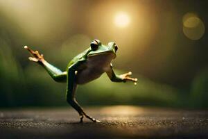 a frog jumping on the ground with its legs spread. AI-Generated photo