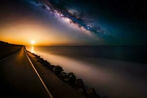 el lechoso camino terminado el Oceano a puesta de sol. generado por ai foto