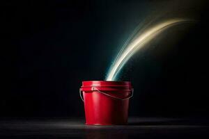 a red bucket with a stream of water coming out of it. AI-Generated photo