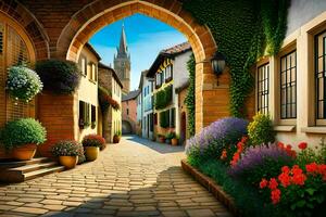 photo wallpaper the sky, flowers, the street, the city, the church, the arch,. AI-Generated