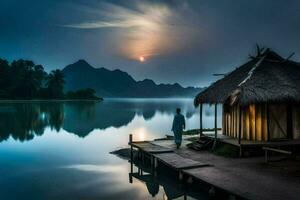 a man stands on a dock looking at the moon over a lake. AI-Generated photo
