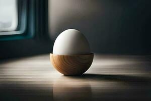 an egg sitting in a wooden egg cup on a table. AI-Generated photo