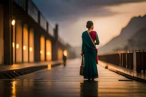 a woman in a sari walks down a walkway at night. AI-Generated photo