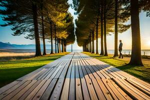 a man walking along a path lined with trees. AI-Generated photo