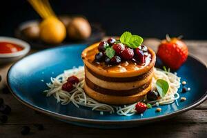 a stack of pancakes with berries and sauce. AI-Generated photo