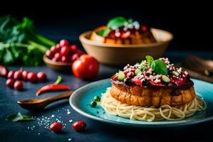 espaguetis con arándano salsa y Cereza Tomates en un lámina. generado por ai foto