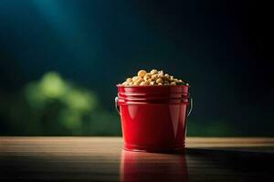 a red bucket filled with peanuts on a table. AI-Generated photo