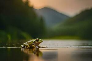 a frog sitting on the edge of a lake at sunset. AI-Generated photo