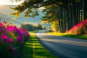 a road with purple flowers and trees. AI-Generated photo