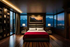 a bedroom with a view of the mountains. AI-Generated photo