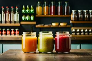 three different types of juices are sitting on a table. AI-Generated photo