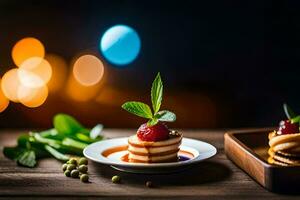 un plato de comida con fresas y crema en un de madera mesa. generado por ai foto