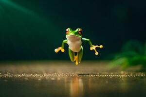 a frog jumping in the air on a dark background. AI-Generated photo