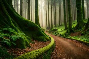 un camino mediante un bosque con cubierto de musgo arboles generado por ai foto