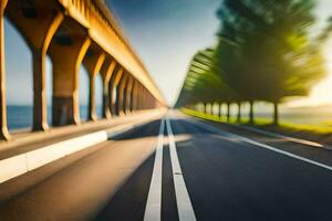 a blurry image of a road with trees and a bridge. AI-Generated photo