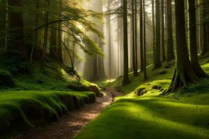 un camino mediante un verde bosque con luz de sol brillante mediante el arboles generado por ai foto