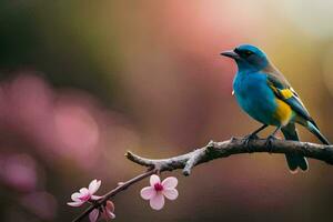 un azul y amarillo pájaro se sienta en un rama. generado por ai foto