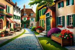 illustration of a street in a small town with flowers and plants. AI-Generated photo
