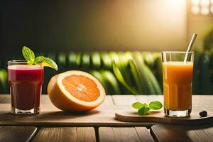 two glasses of juice and an orange on a wooden table. AI-Generated photo
