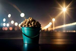 a bucket filled with nuts on a table in front of a city skyline. AI-Generated photo