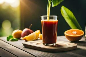 a glass of juice being poured into a wooden tray. AI-Generated photo