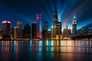 el ciudad horizonte a noche con luces brillante. generado por ai foto