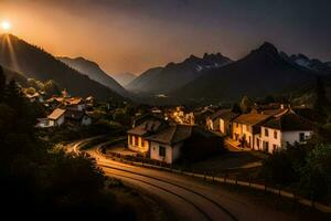 un pueblo en el montañas a puesta de sol. generado por ai foto