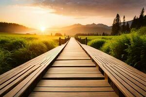 a wooden bridge leads to a field with mountains in the background. AI-Generated photo