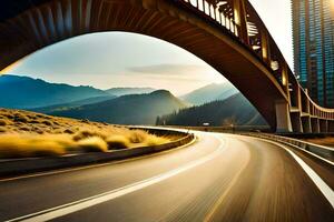 a highway with a bridge and mountains in the background. AI-Generated photo