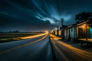 un largo exposición foto de un la carretera a noche. generado por ai