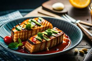 grilled salmon with vegetables and sauce on a plate. AI-Generated photo