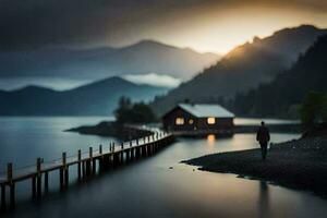 a man walks along a pier in front of a cabin. AI-Generated photo