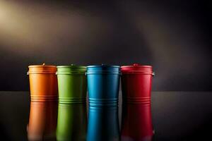 four colorful metal containers are lined up on a black surface. AI-Generated photo