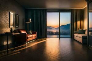 a room with a view of the mountains at sunset. AI-Generated photo