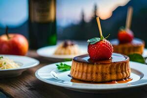 un postre con fresas y un vaso de vino. generado por ai foto