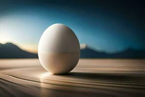 un huevo en un mesa con montañas en el antecedentes. generado por ai foto