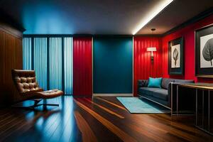 un habitación con rojo paredes y madera pisos generado por ai foto